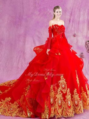 Affordable Red Sleeveless Tulle Court Train Lace Up Quince Ball Gowns for Military Ball and Sweet 16 and Quinceanera