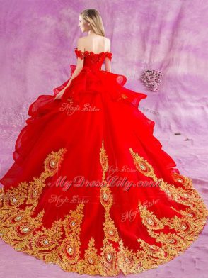 Affordable Red Sleeveless Tulle Court Train Lace Up Quince Ball Gowns for Military Ball and Sweet 16 and Quinceanera