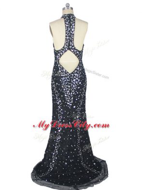 Spectacular Zipper Red Carpet Prom Dress Black for Prom and Party and Military Ball with Beading Brush Train