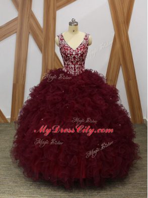 Burgundy Backless 15 Quinceanera Dress Beading and Ruffles Sleeveless Floor Length
