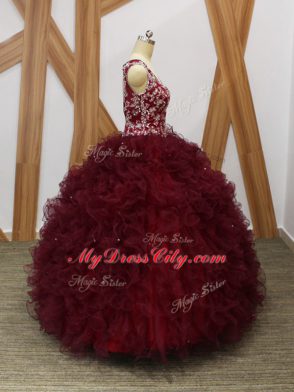Burgundy Backless 15 Quinceanera Dress Beading and Ruffles Sleeveless Floor Length