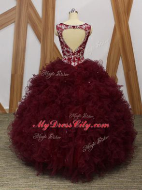 Burgundy Backless 15 Quinceanera Dress Beading and Ruffles Sleeveless Floor Length