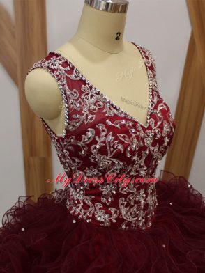 Burgundy Backless 15 Quinceanera Dress Beading and Ruffles Sleeveless Floor Length