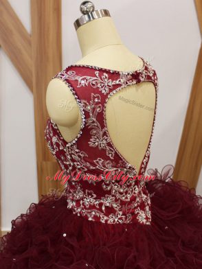 Burgundy Backless 15 Quinceanera Dress Beading and Ruffles Sleeveless Floor Length
