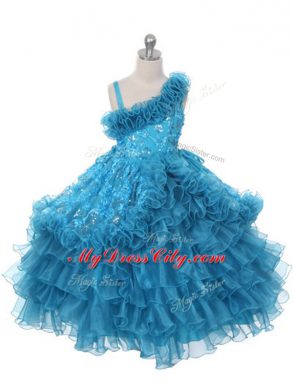 Teal Lace Up Party Dress for Girls Lace and Ruffles and Ruffled Layers Sleeveless Floor Length