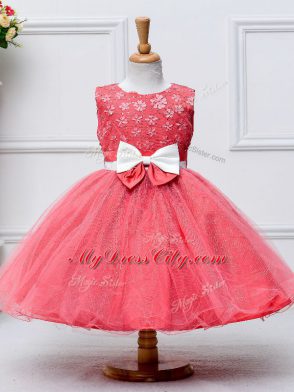 Glorious Lace and Bowknot Flower Girl Dress Coral Red Zipper Sleeveless Knee Length