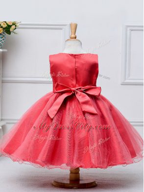 Glorious Lace and Bowknot Flower Girl Dress Coral Red Zipper Sleeveless Knee Length