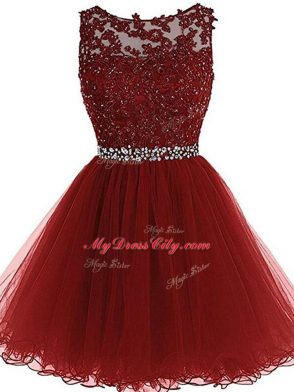 Stylish Mini Length Burgundy Tulle Sleeveless Beading and Lace and Appliques