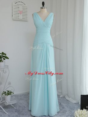 Sleeveless Chiffon Floor Length Zipper Quinceanera Court of Honor Dress in Aqua Blue with Ruching