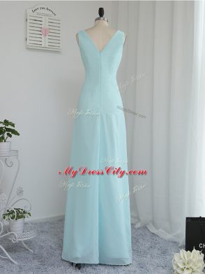 Sleeveless Chiffon Floor Length Zipper Quinceanera Court of Honor Dress in Aqua Blue with Ruching