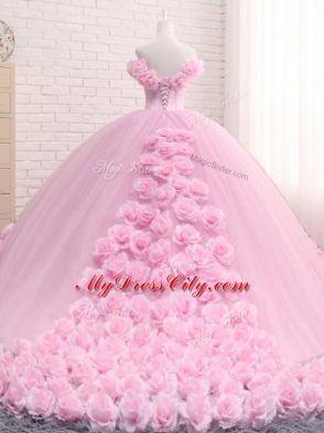 Baby Pink Ball Gowns Tulle Off The Shoulder Sleeveless Hand Made Flower Lace Up Quinceanera Gown Brush Train