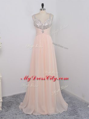 Sleeveless Floor Length Sequins Zipper Dress for Prom with Peach