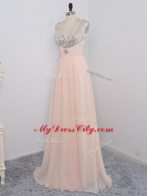Sleeveless Floor Length Sequins Zipper Dress for Prom with Peach