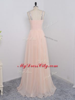 Sleeveless Floor Length Sequins Zipper Dress for Prom with Peach