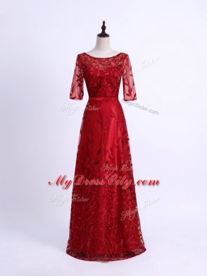Modern Scoop Half Sleeves Lace Up Mother of Bride Dresses Red Tulle