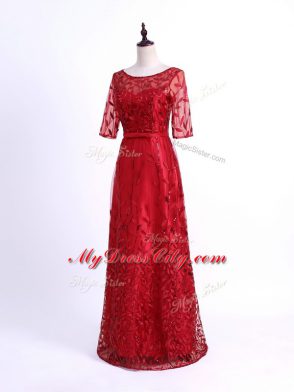 Modern Scoop Half Sleeves Lace Up Mother of Bride Dresses Red Tulle