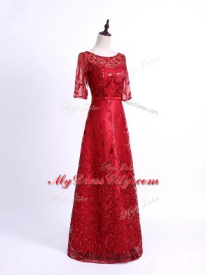 Modern Scoop Half Sleeves Lace Up Mother of Bride Dresses Red Tulle