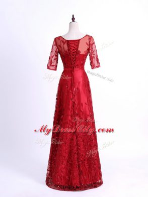 Modern Scoop Half Sleeves Lace Up Mother of Bride Dresses Red Tulle