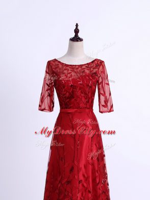 Modern Scoop Half Sleeves Lace Up Mother of Bride Dresses Red Tulle