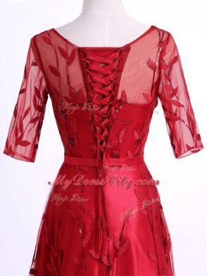 Modern Scoop Half Sleeves Lace Up Mother of Bride Dresses Red Tulle
