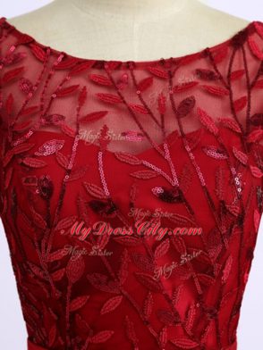 Modern Scoop Half Sleeves Lace Up Mother of Bride Dresses Red Tulle