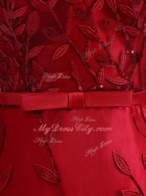 Modern Scoop Half Sleeves Lace Up Mother of Bride Dresses Red Tulle