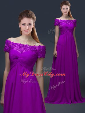 Purple Short Sleeves Floor Length Appliques Lace Up Mother of Bride Dresses