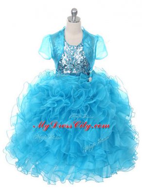 Admirable Baby Blue Sleeveless Ruffles and Sequins and Bowknot Floor Length Kids Pageant Dress