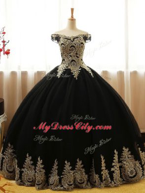 Ball Gowns Vestidos de Quinceanera Black Off The Shoulder Tulle Sleeveless Floor Length Lace Up