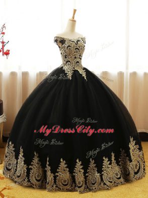 Ball Gowns Vestidos de Quinceanera Black Off The Shoulder Tulle Sleeveless Floor Length Lace Up