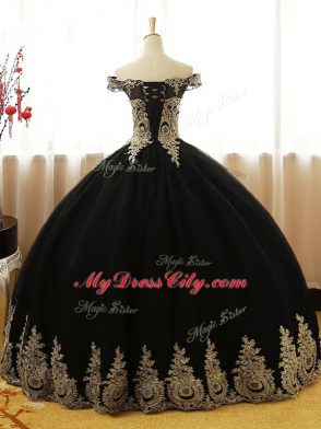 Ball Gowns Vestidos de Quinceanera Black Off The Shoulder Tulle Sleeveless Floor Length Lace Up