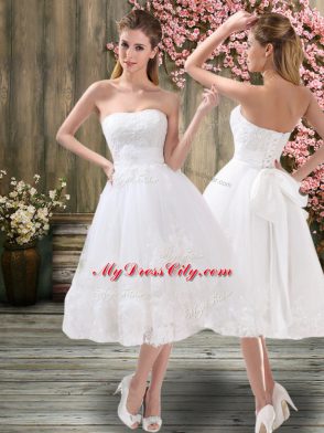 Sleeveless Lace Up Tea Length Appliques and Embroidery and Belt Wedding Dresses