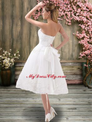 Sleeveless Lace Up Tea Length Appliques and Embroidery and Belt Wedding Dresses