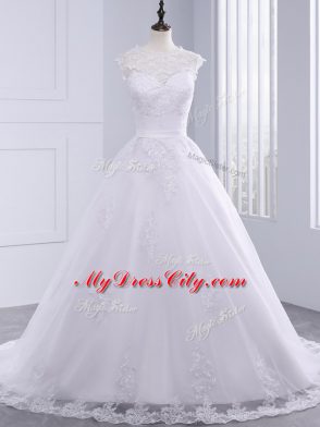 Brush Train A-line Wedding Dresses White High-neck Tulle Sleeveless Zipper