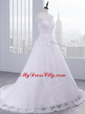 Brush Train A-line Wedding Dresses White High-neck Tulle Sleeveless Zipper