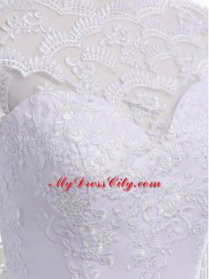 Brush Train A-line Wedding Dresses White High-neck Tulle Sleeveless Zipper