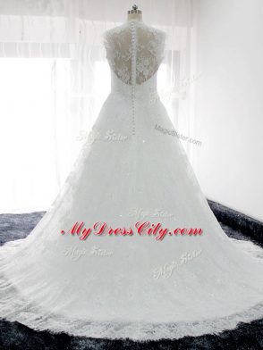 Adorable Straps Sleeveless Lace Bridal Gown Beading and Lace Brush Train Clasp Handle