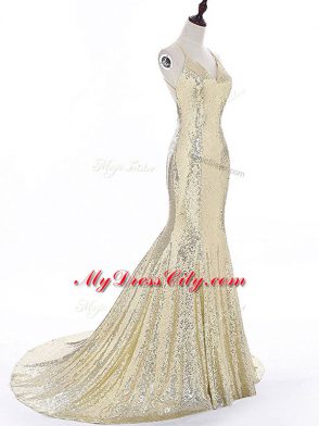 High End Gold Backless Straps Sequins Prom Evening Gown Sequined Sleeveless Brush Train