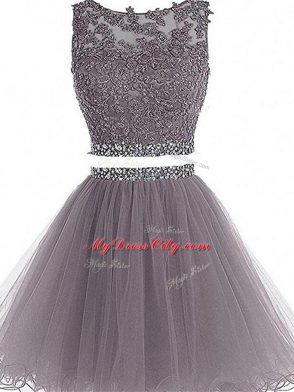 Grey Zipper Prom Party Dress Beading and Lace and Appliques Sleeveless Mini Length