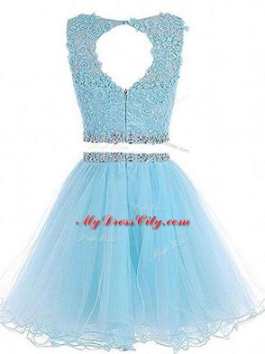 Grey Zipper Prom Party Dress Beading and Lace and Appliques Sleeveless Mini Length