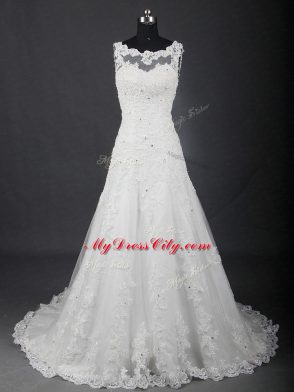 White A-line Tulle Scoop Sleeveless Lace Lace Up Wedding Dress Brush Train