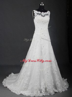 White A-line Tulle Scoop Sleeveless Lace Lace Up Wedding Dress Brush Train