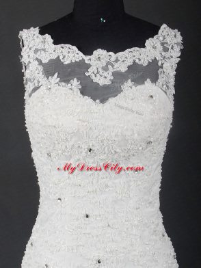 White A-line Tulle Scoop Sleeveless Lace Lace Up Wedding Dress Brush Train