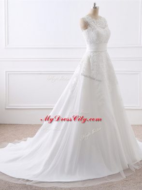 Luxurious White Bridal Gown Tulle Brush Train Sleeveless Lace