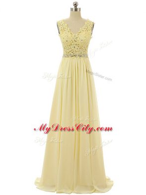 Exquisite Light Yellow Sleeveless Beading and Lace and Appliques Floor Length Evening Dress