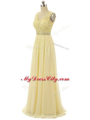 Exquisite Light Yellow Sleeveless Beading and Lace and Appliques Floor Length Evening Dress