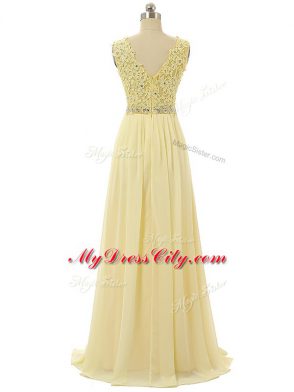 Exquisite Light Yellow Sleeveless Beading and Lace and Appliques Floor Length Evening Dress