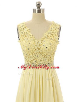 Exquisite Light Yellow Sleeveless Beading and Lace and Appliques Floor Length Evening Dress