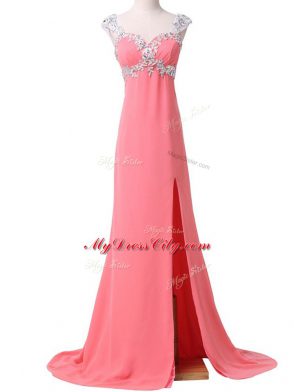 Sexy Cap Sleeves Brush Train Zipper Beading and Appliques Homecoming Dress