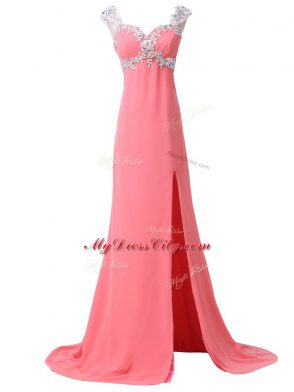 Sexy Cap Sleeves Brush Train Zipper Beading and Appliques Homecoming Dress